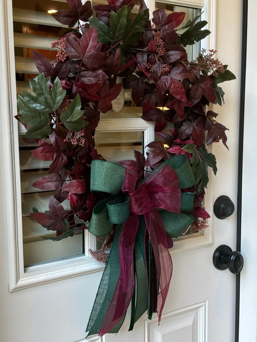 Burgundy & Green Leaf Holiday Wreath with Layered Bow